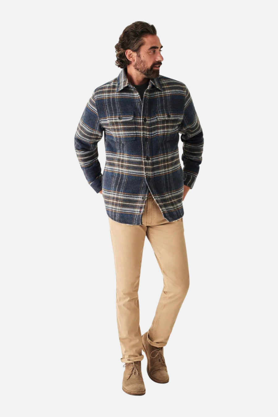 Faherty High Pile Fleece Plaid CPO in Navy Summit Plaid – on model
