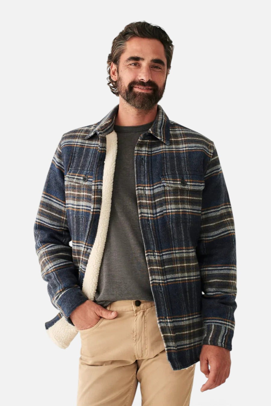 Faherty High Pile Fleece Plaid CPO in Navy Summit Plaid – on model