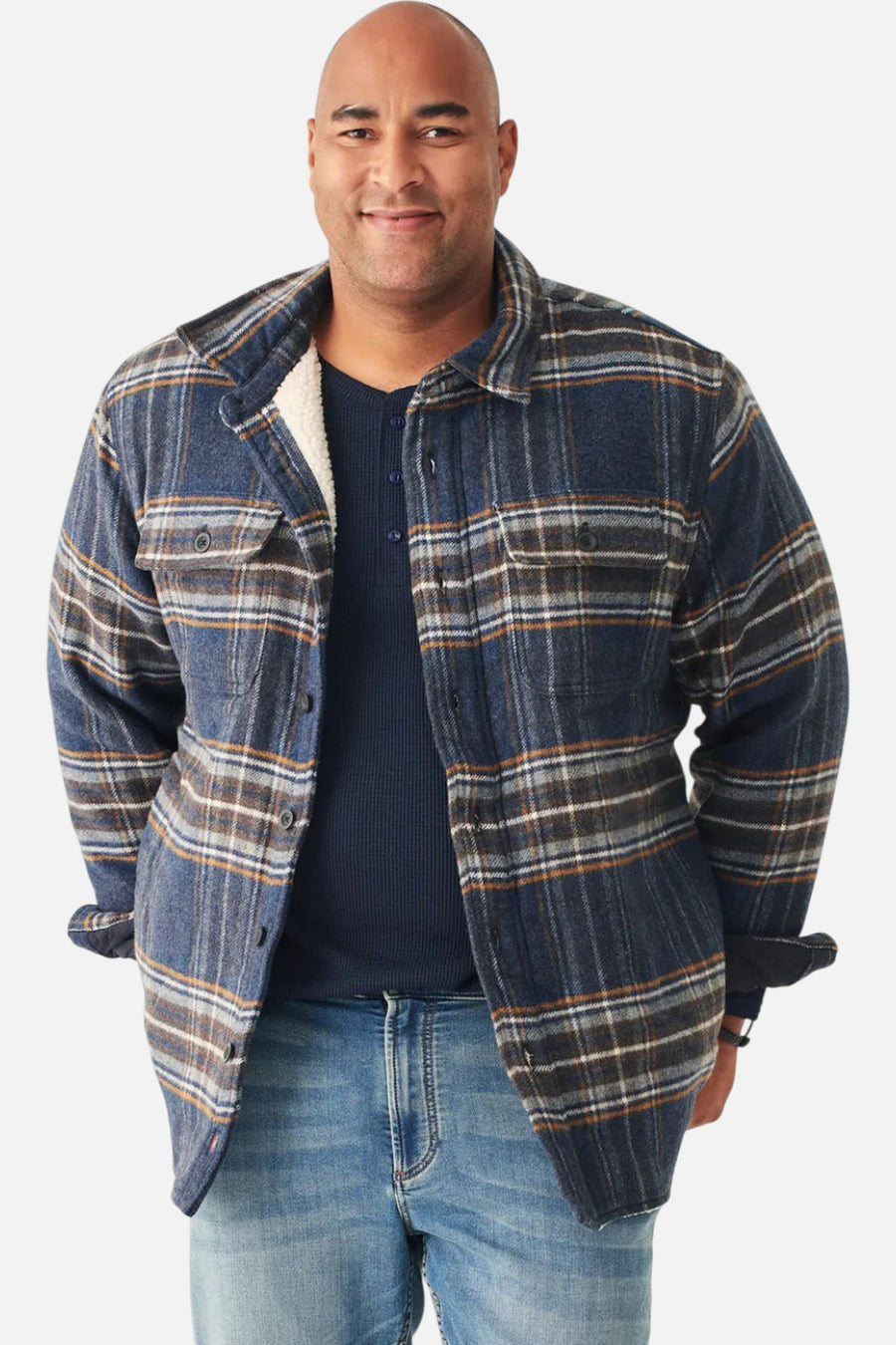 Faherty High Pile Fleece Plaid CPO in Navy Summit Plaid – on model