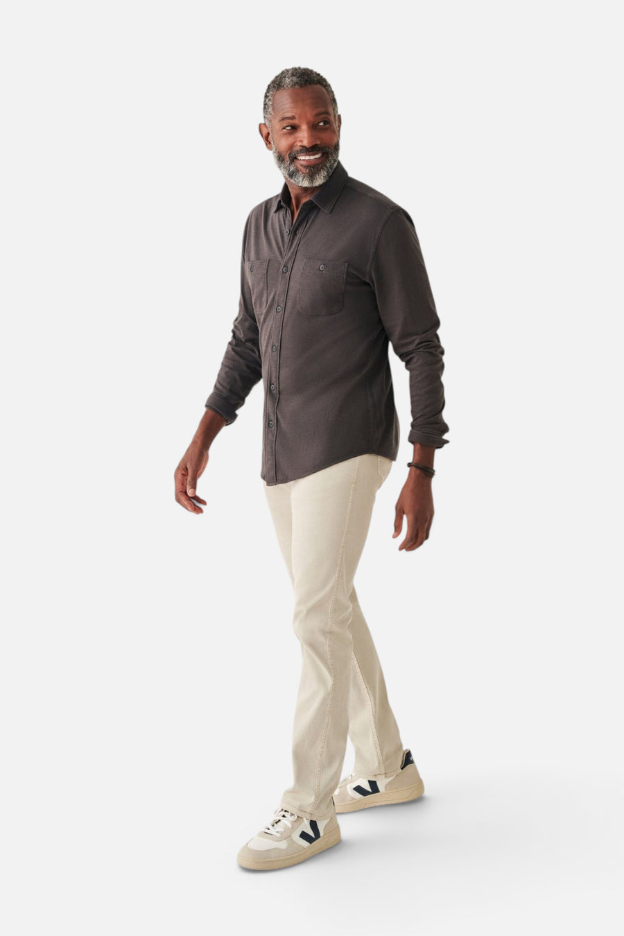 Faherty Knit Seasons Shirt Double Pocket in Washed Black – side view