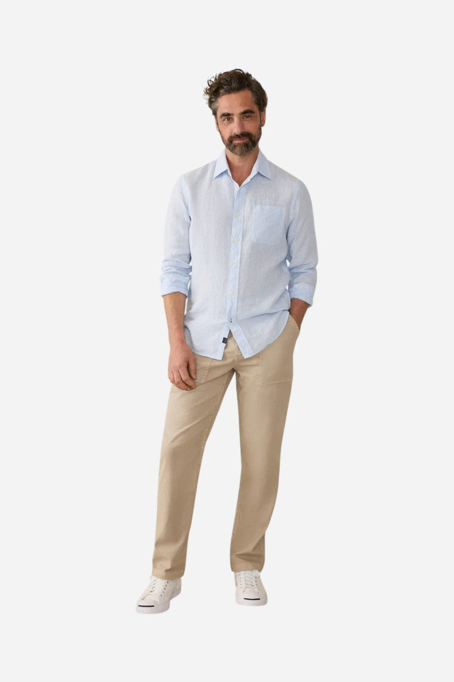 Faherty Laguna Linen Shirt in Summer Classic Stripe – side view