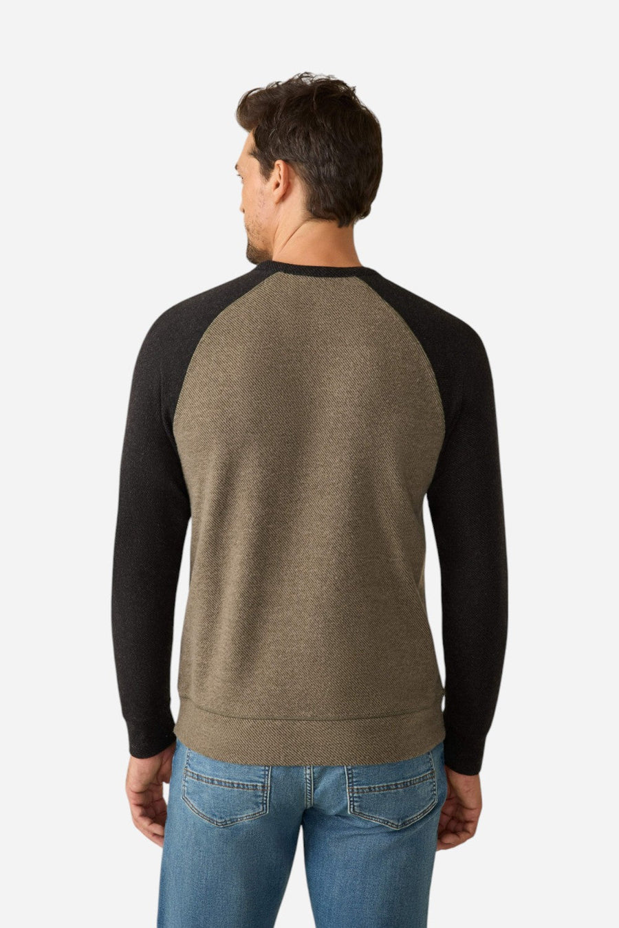 Faherty Legend Baseball Sweater Crew in Mossy Charcoal – back view