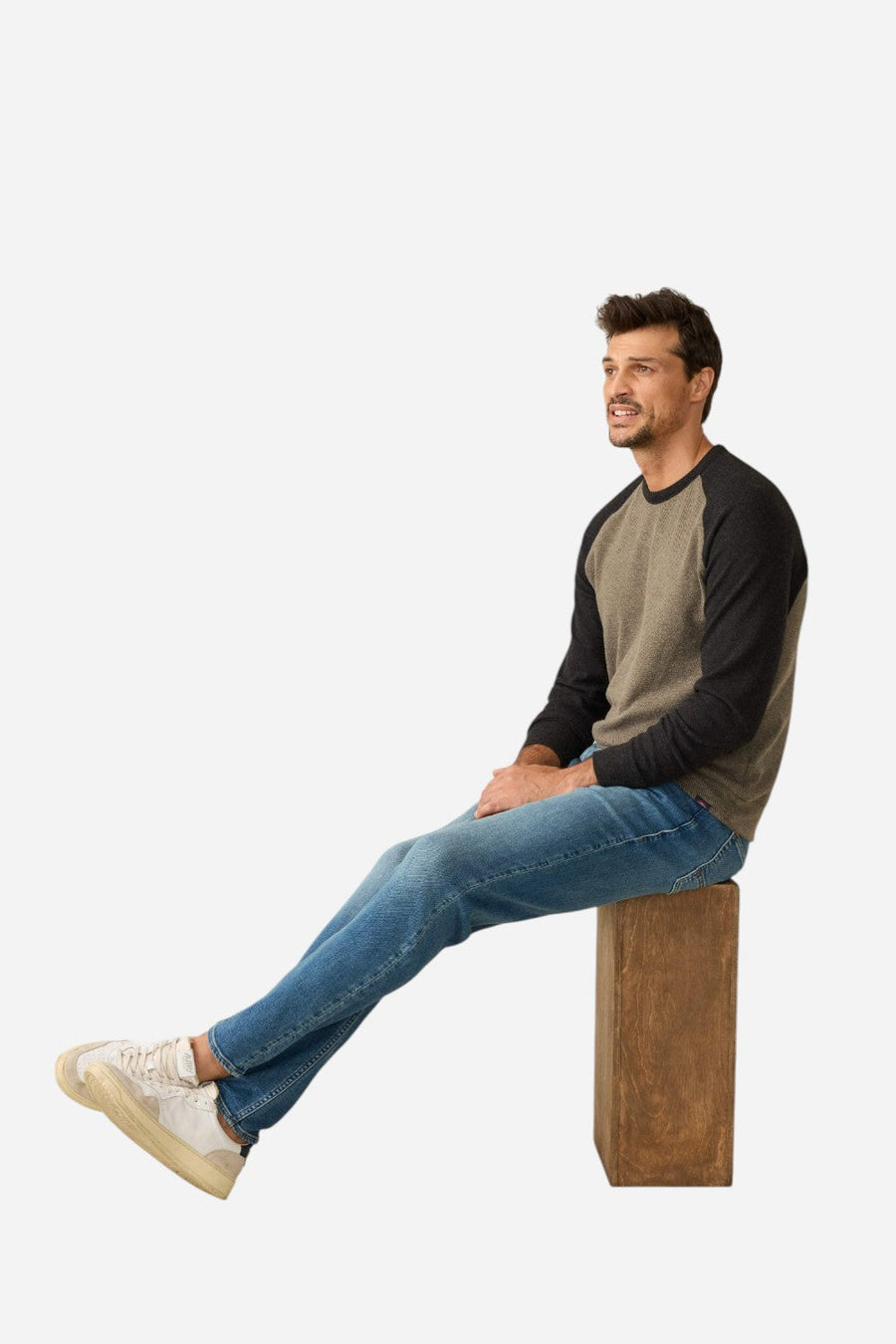 Faherty Legend Baseball Sweater Crew in Mossy Charcoal – flat lay