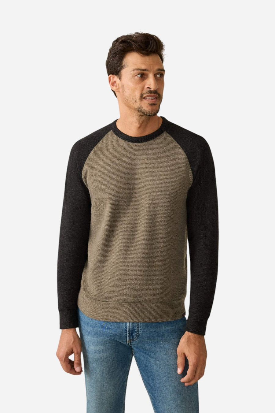 Faherty Legend Baseball Sweater Crew in Mossy Charcoal – front view