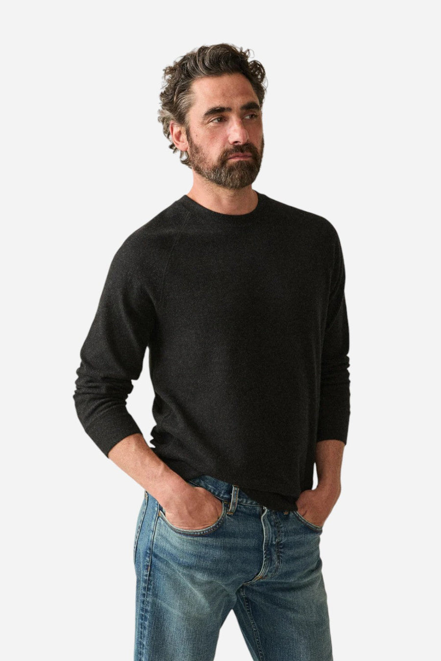 Faherty Legend Sweater Crew Heather Black Twill – front view