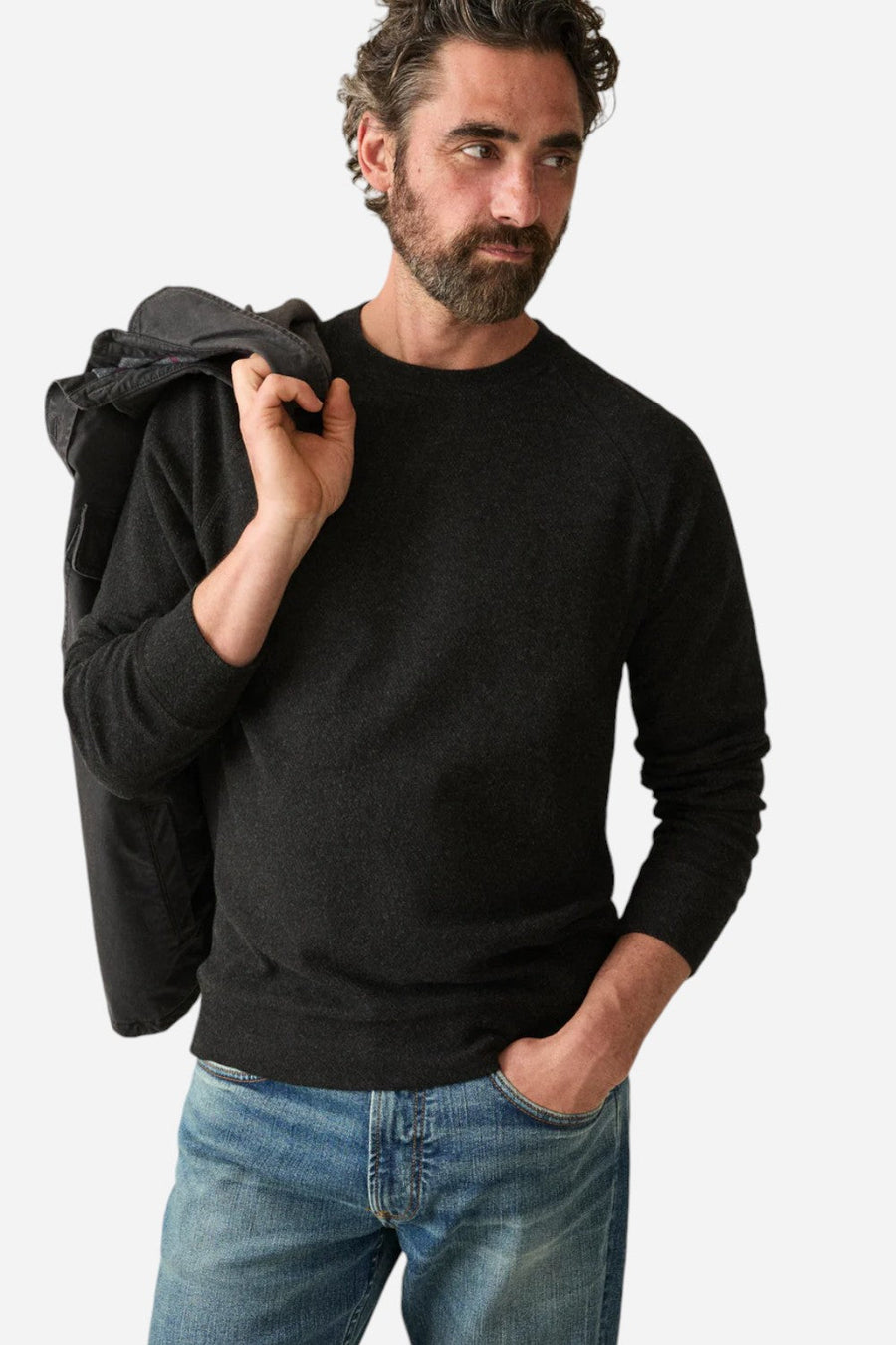 Faherty Legend Sweater Crew Heather Black Twill – side view