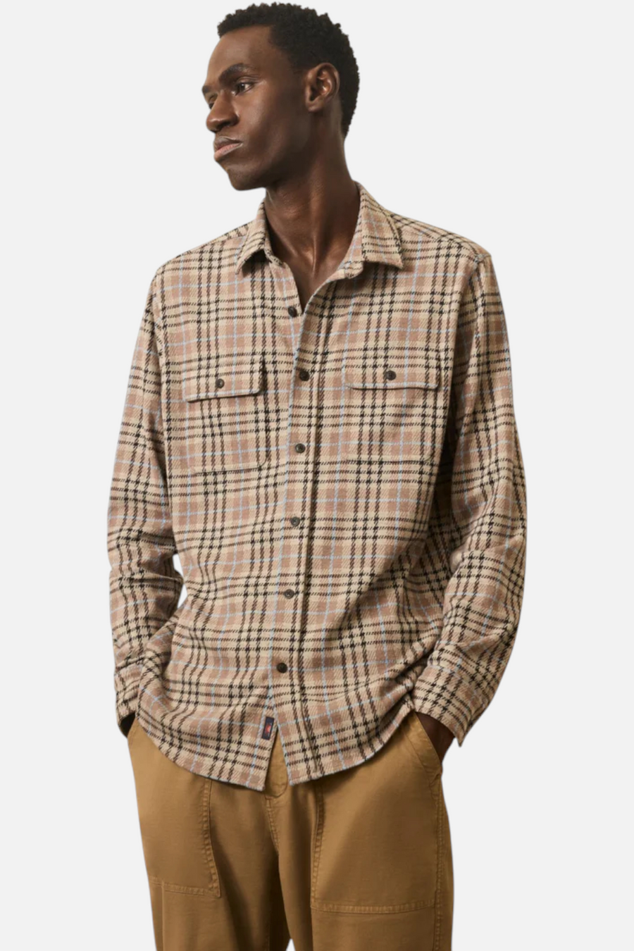 Faherty Legend Sweater Flannel Shirt in Dune Mountain – detail