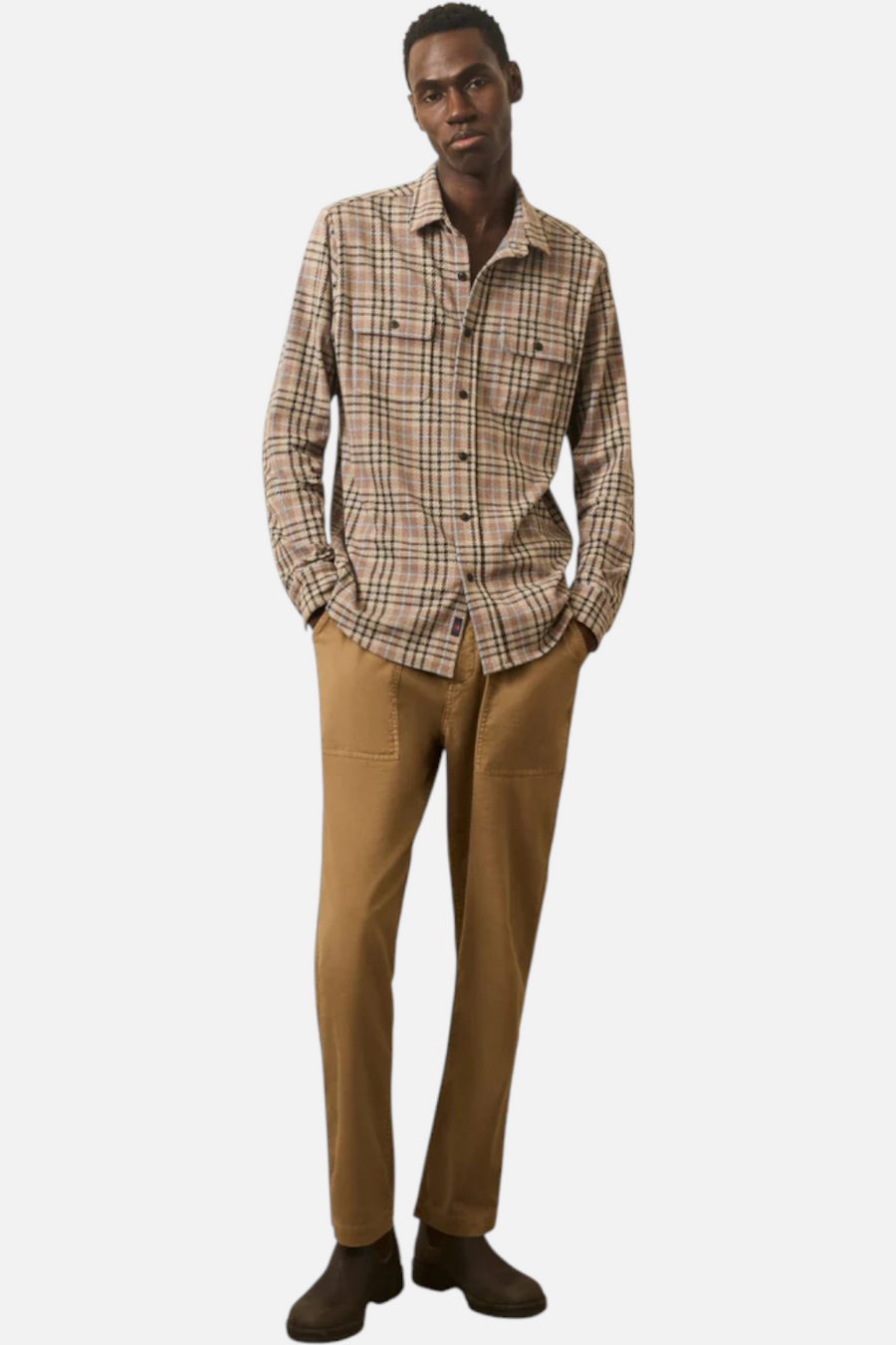 Faherty Legend Sweater Flannel Shirt in Dune Mountain – side view