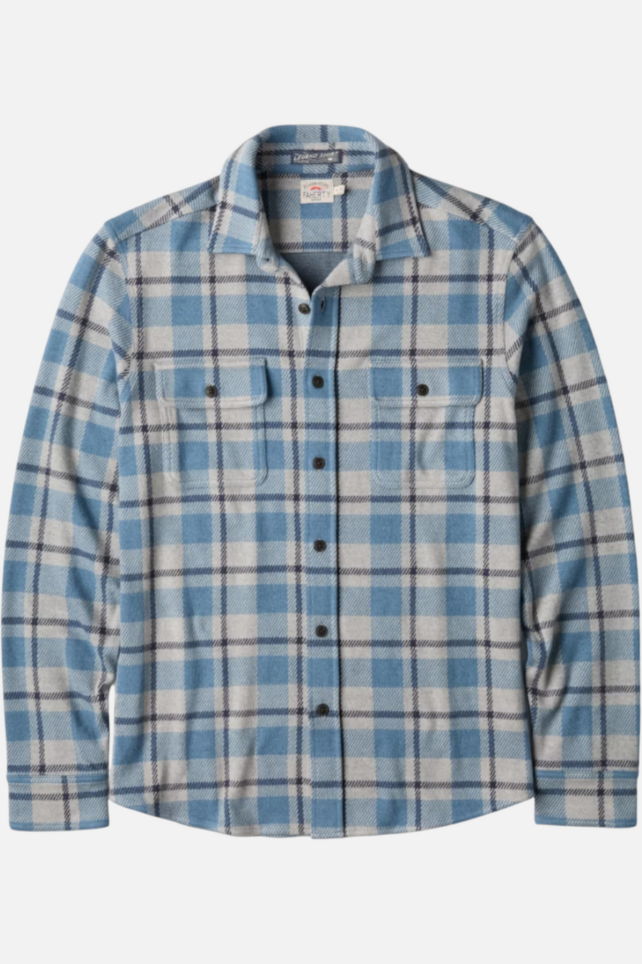 Faherty Legend Sweater Flannel Shirt Overcast Ocean Plaid – front view