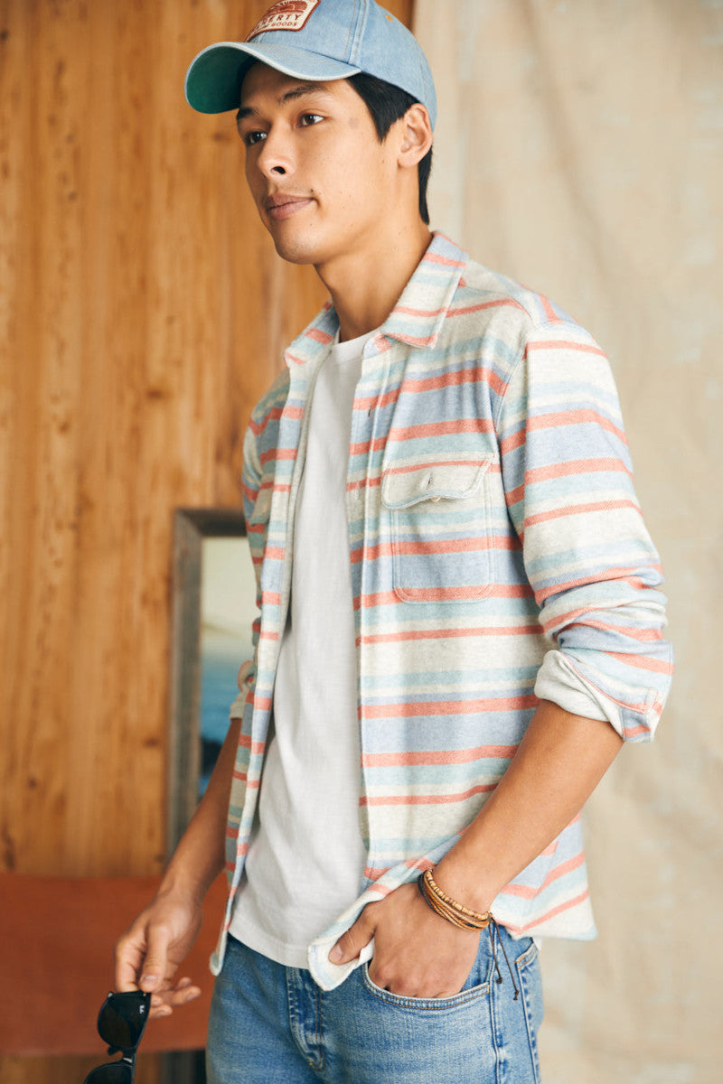 Faherty Legend Sweater Shirt in Coral Reef Stripe – flat lay