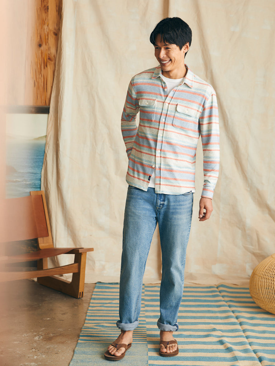 Faherty Legend Sweater Shirt in Coral Reef Stripe – side view