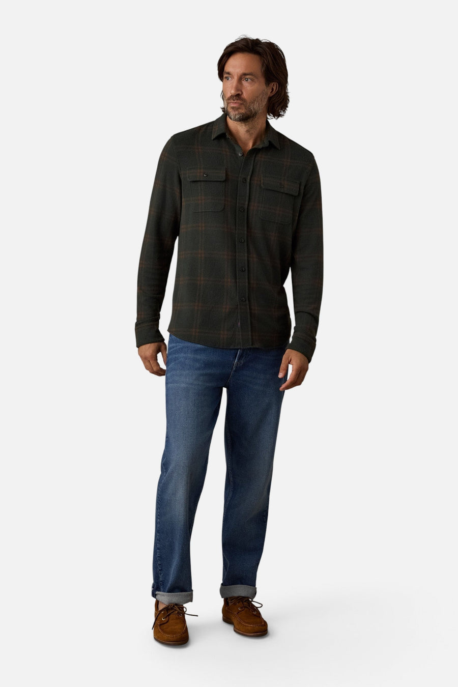 Faherty Legend Sweater Shirt in Falls Park Plaid – on model