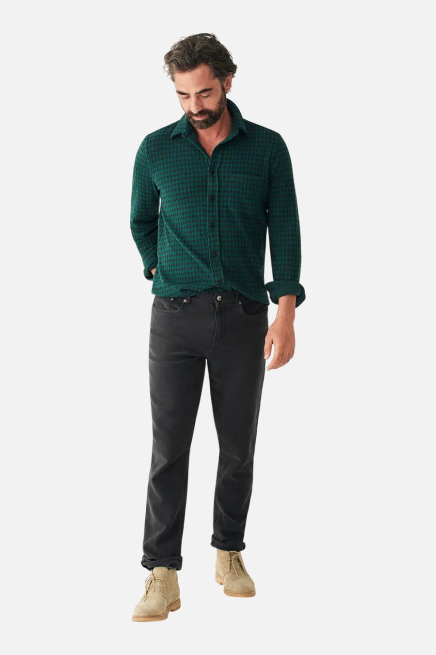 Faherty Legend Sweater Shirt in Forest Charcoal – side view