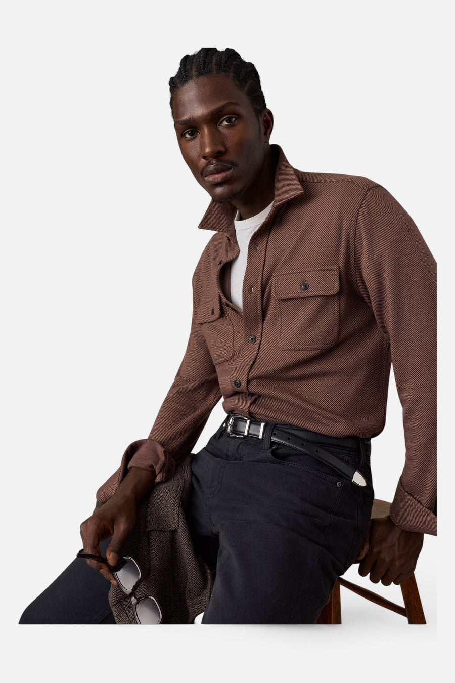Faherty Legend Sweater Shirt in Redwood Coast Twill – on model