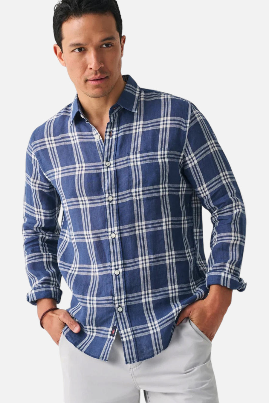 Faherty Linen Laguna Shirt in Jetty Plaid – front view