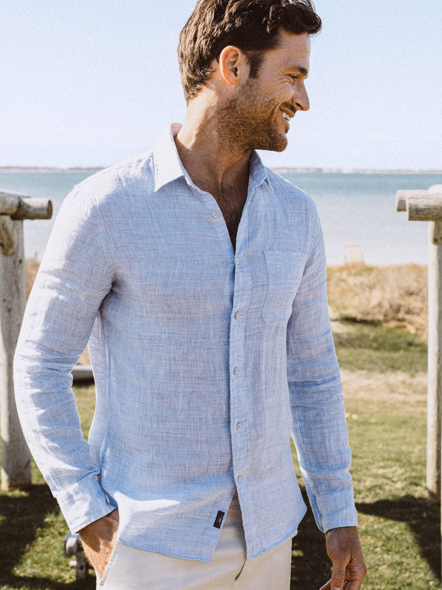 Faherty Linen Laguna Shirt in Light Blue Melange – detail