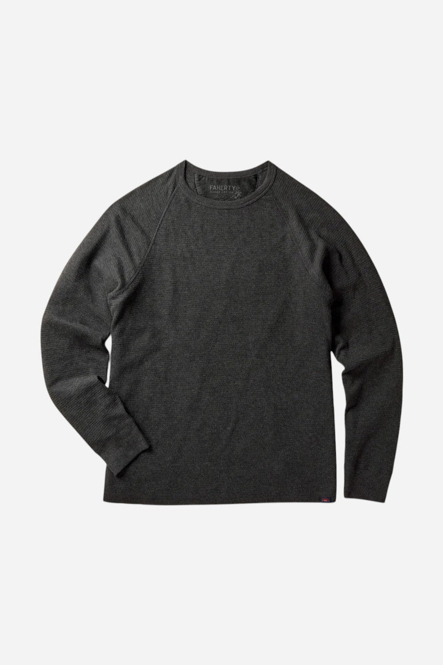 Faherty Long Sleeve Cloud Waffle Crew in Charcoal Heather – flat lay