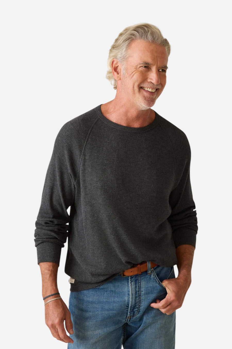 Faherty Long Sleeve Cloud Waffle Crew in Charcoal Heather – front view