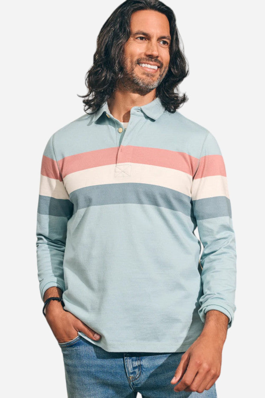 Faherty Long Sleeve Rugby Polo in Seafoam Regatta – front view