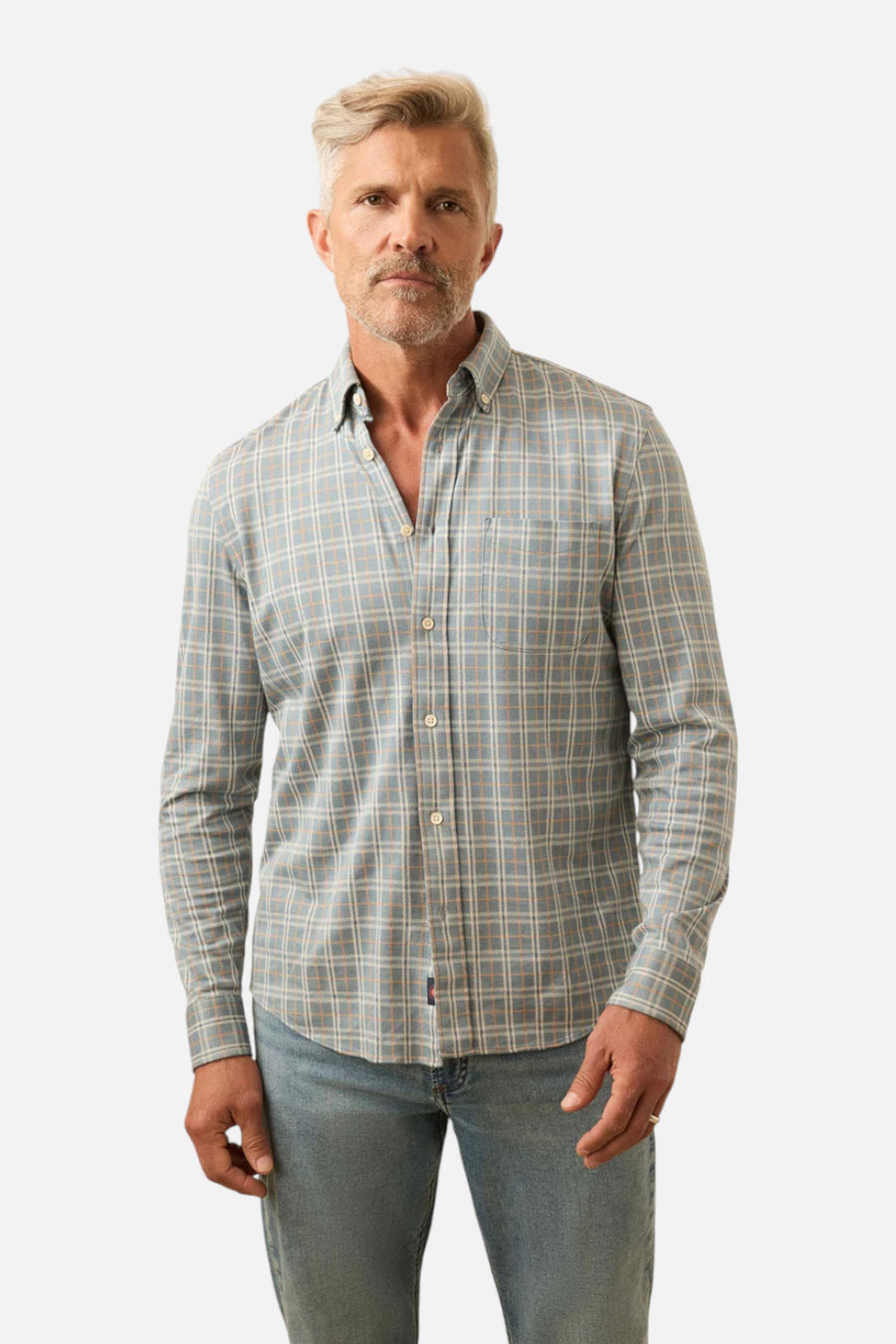 Faherty Men's Coastline Knit Shirt in Autumn Storm Plaid – on model