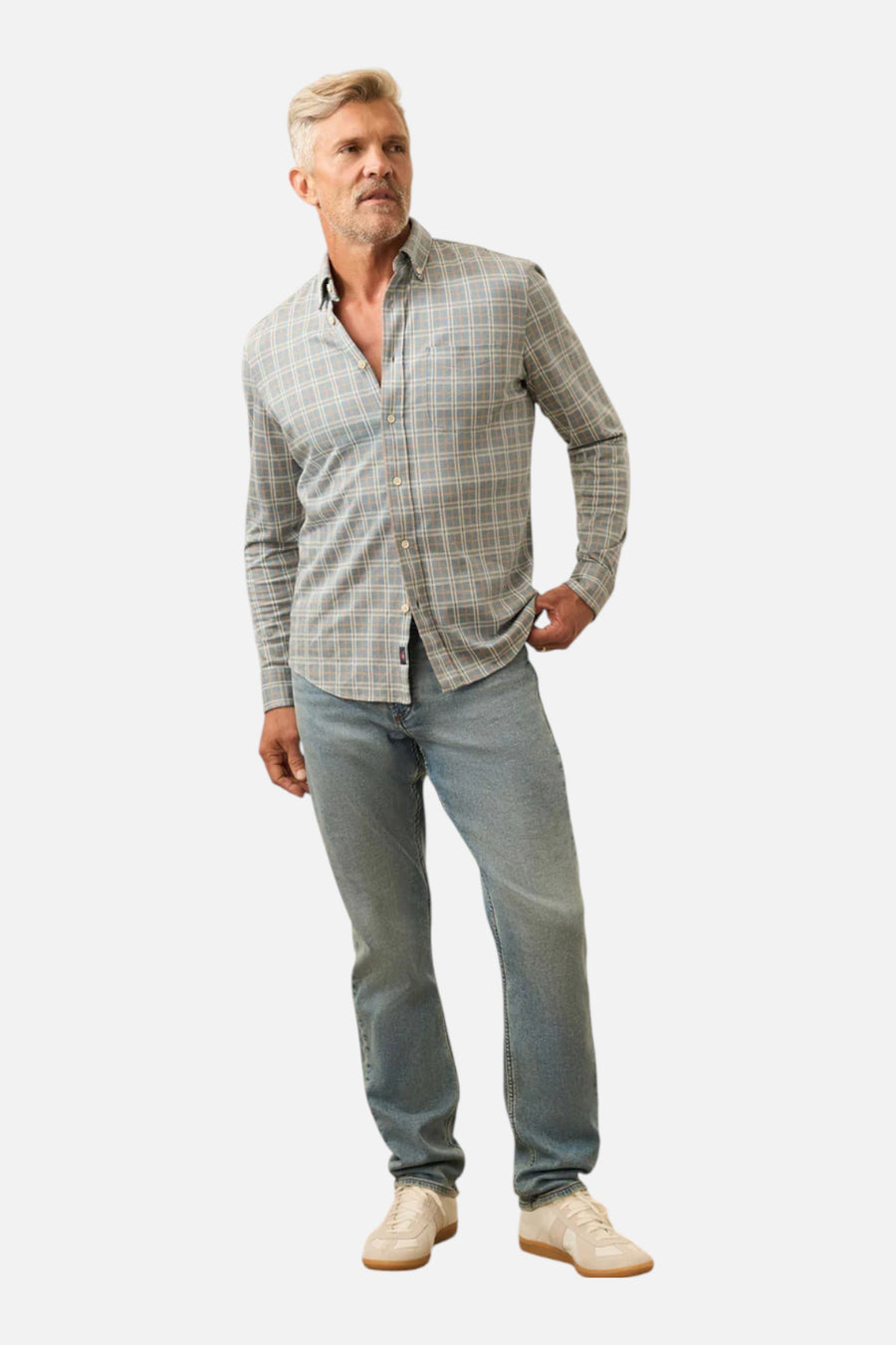 Faherty Men's Coastline Knit Shirt in Autumn Storm Plaid – on model
