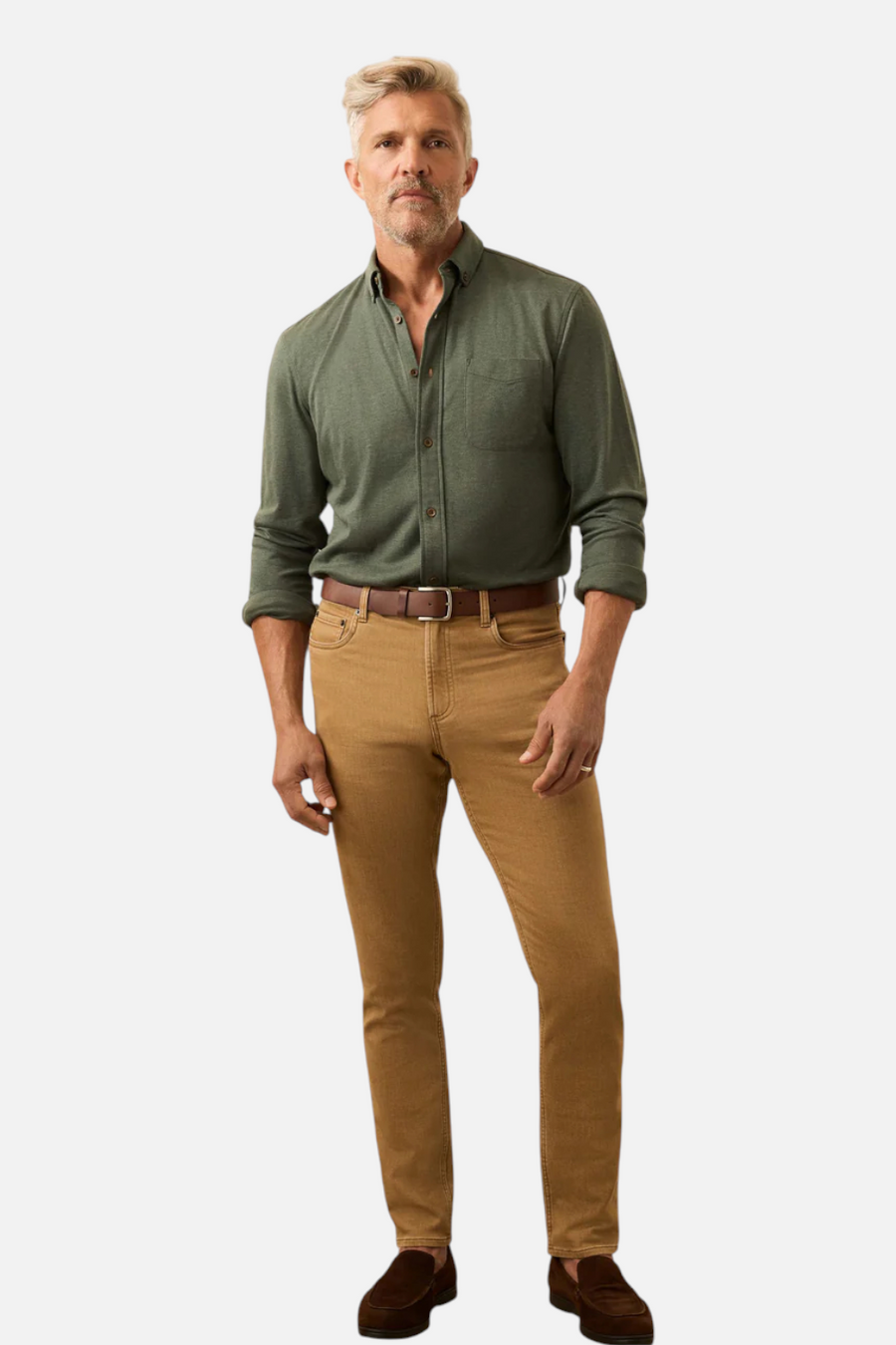 Faherty Men's Coastline Knit Shirt in Forest Heather Twill – side view