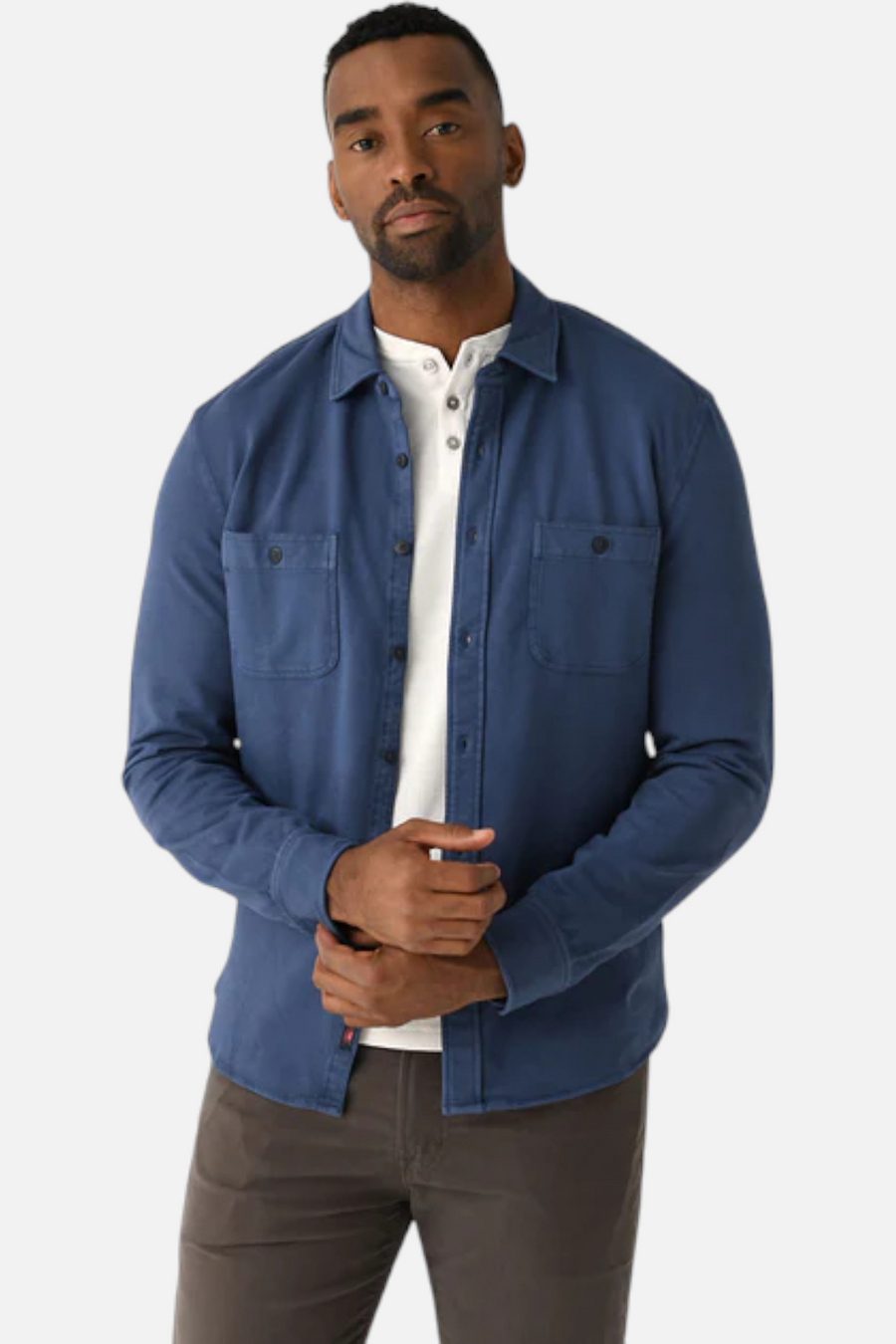 Faherty Men's Field Knit Utility Shirt in Blue Nights – front view