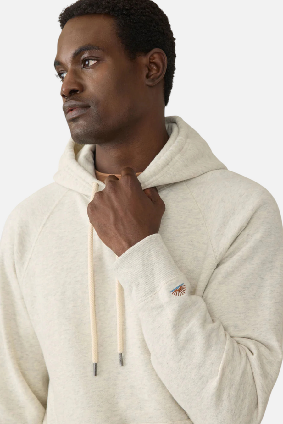 Faherty Men's High Standard Fleece Hoodie in Antique Ivory Heather – side view