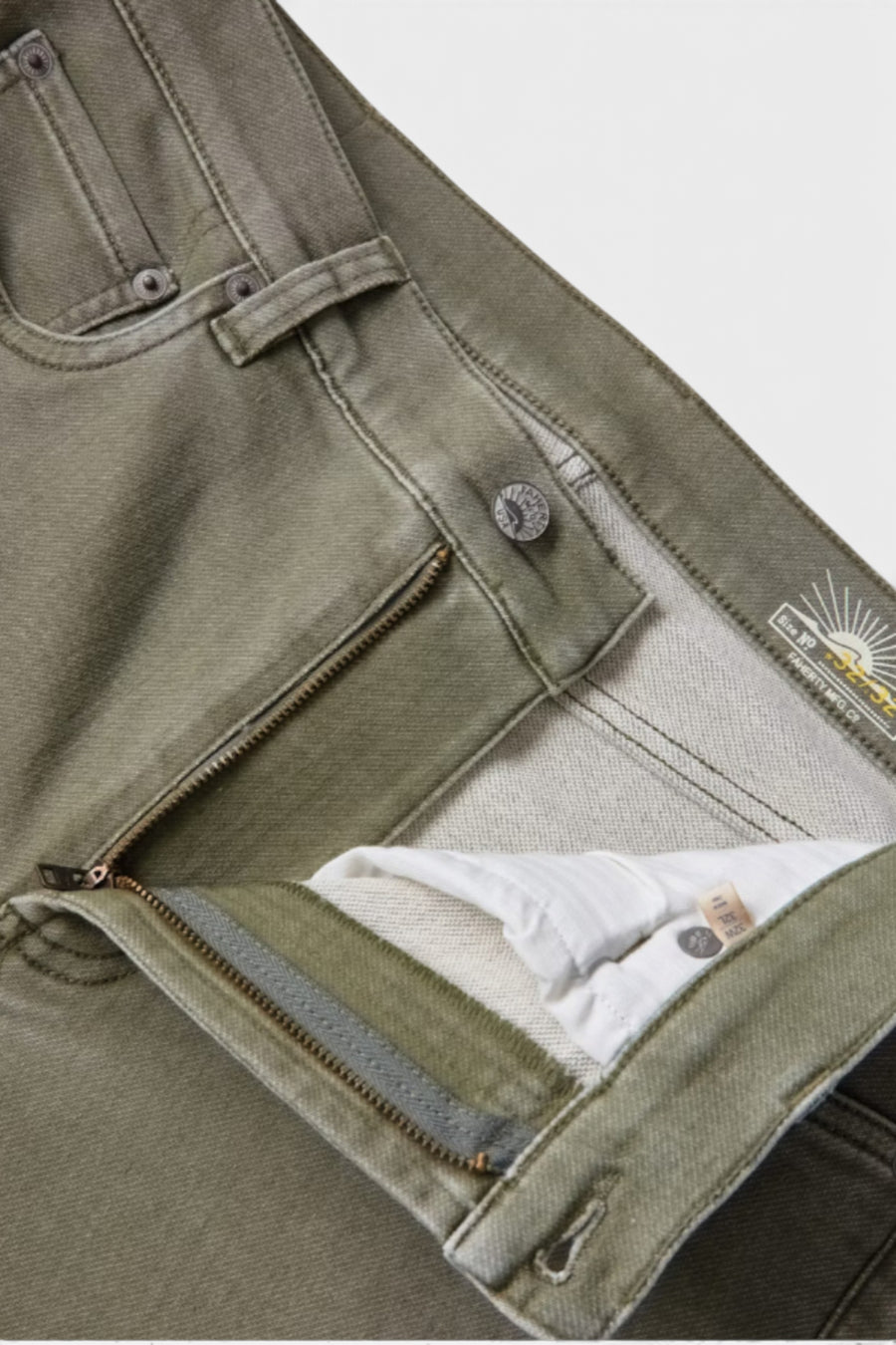 Faherty Men's Stretch Terry 5-Pocket Pant in Island Olive – side view