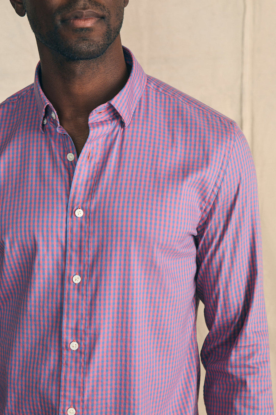 Faherty Movement Shirt in Blue Rose Gingham – back view