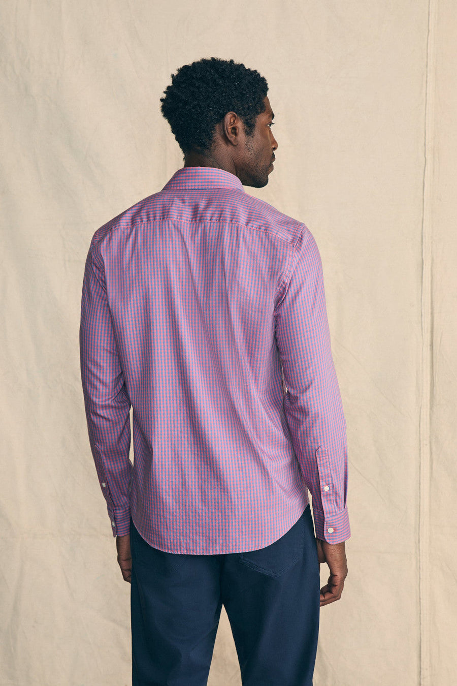 Faherty Movement Shirt in Blue Rose Gingham – flat lay