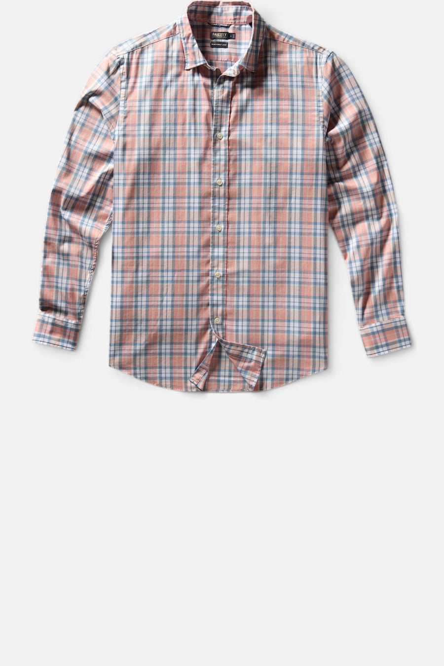 Faherty Movement Shirt in Ocean Coral Plaid – flat lay