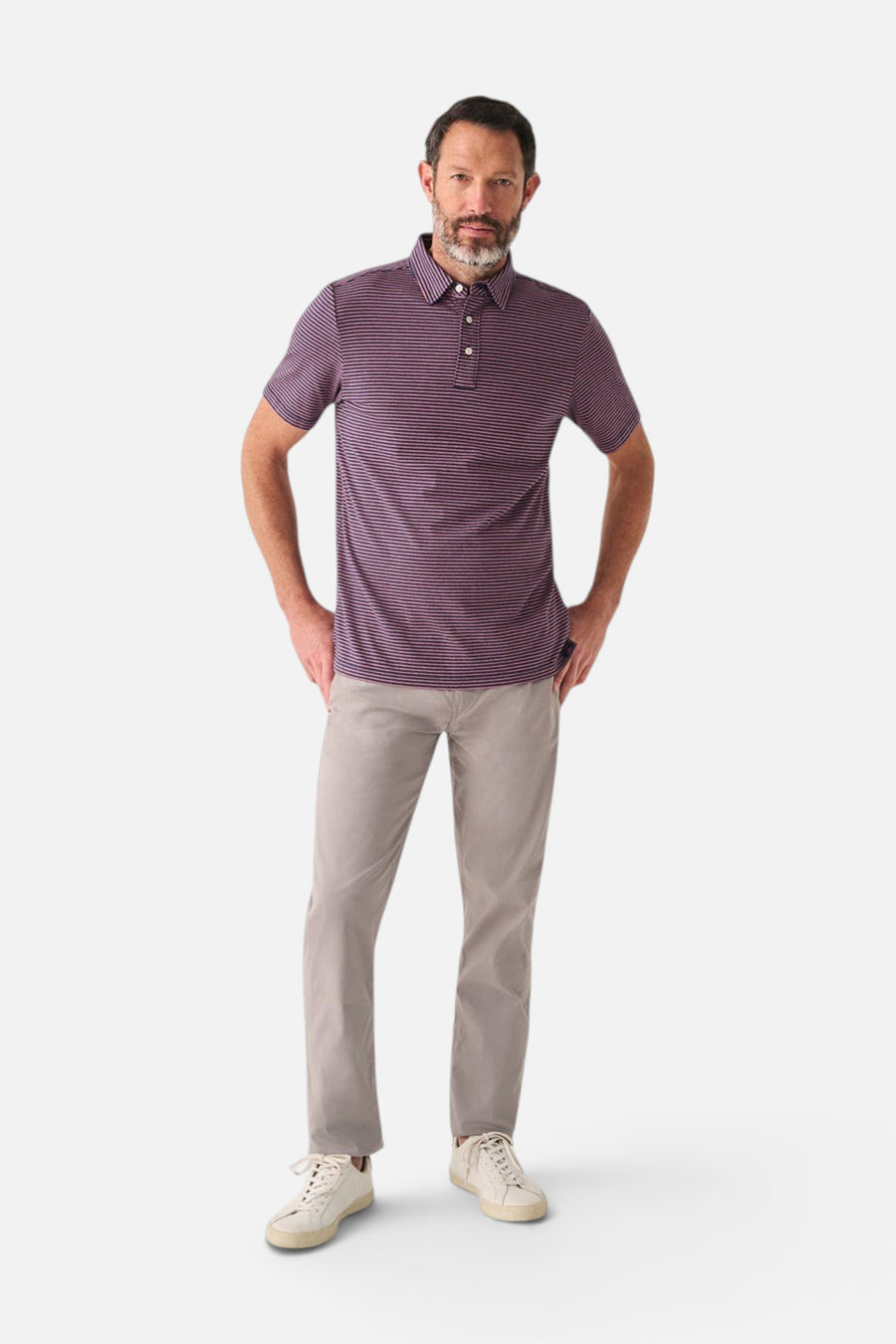 Faherty Movement™ Short-Sleeve Polo in Spring Storm Stripe – side view