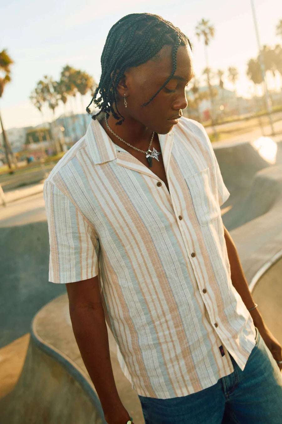 Faherty Short-Sleeve Breeze Camp Shirt in Golden Beach Stripe – alternate