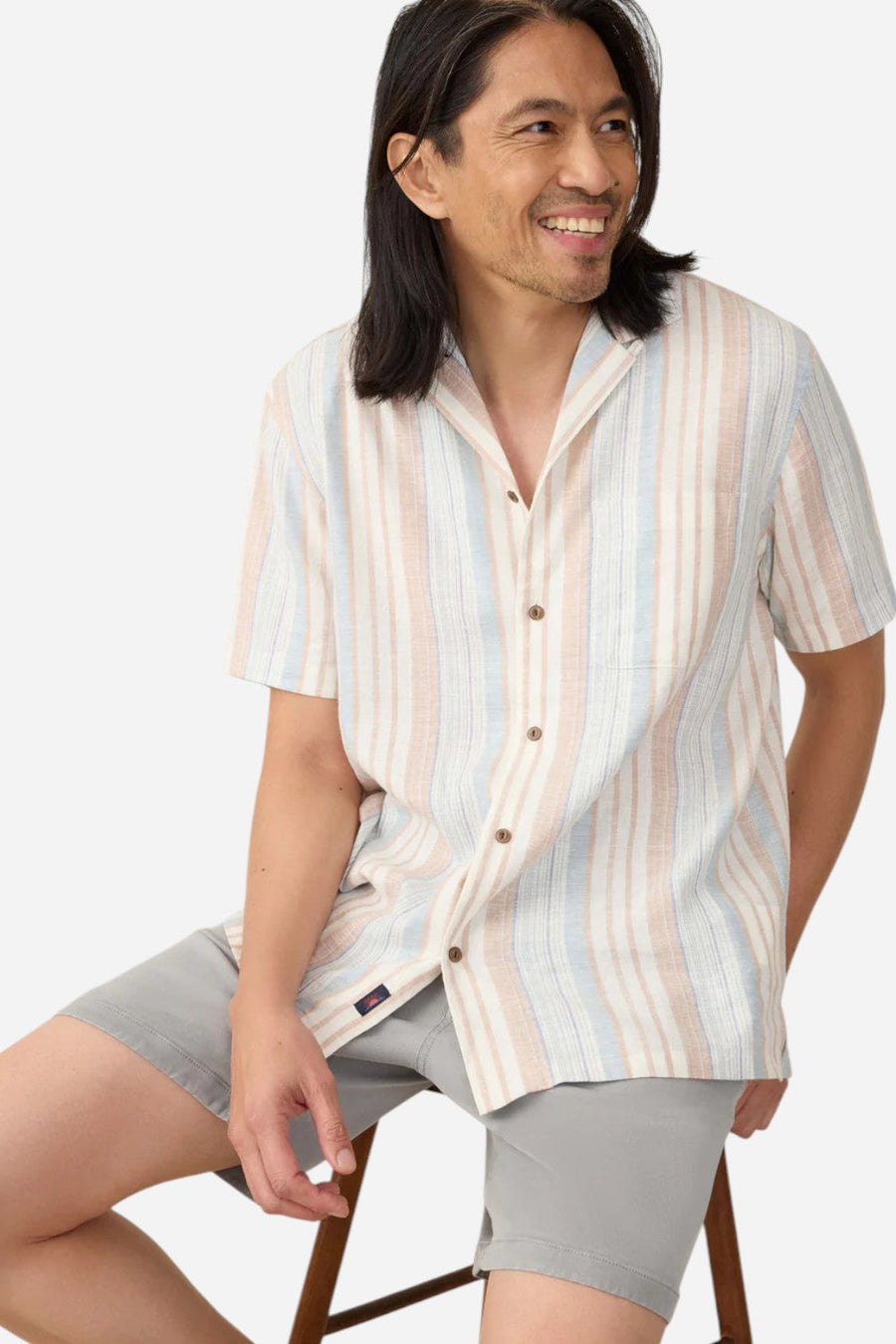 Faherty Short-Sleeve Breeze Camp Shirt in Golden Beach Stripe – flat lay