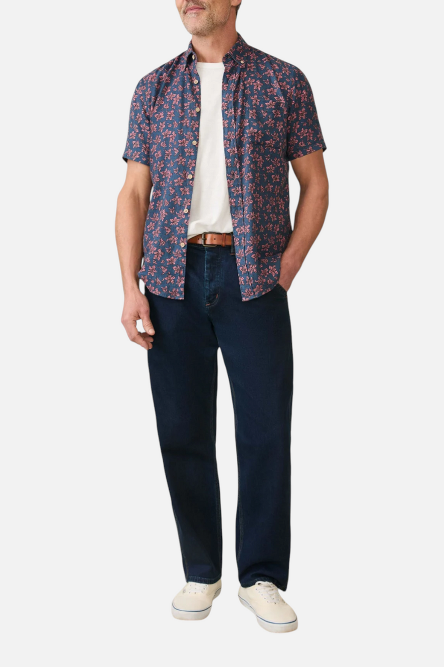 Faherty Short Sleeve Breeze Shirt in Berry Navy Floral – back view