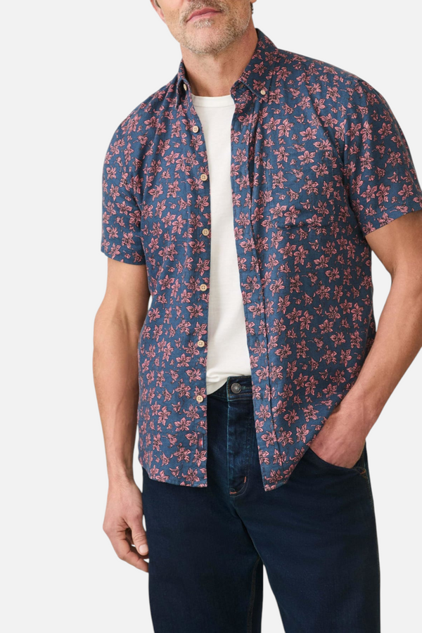 Faherty Short Sleeve Breeze Shirt in Berry Navy Floral
