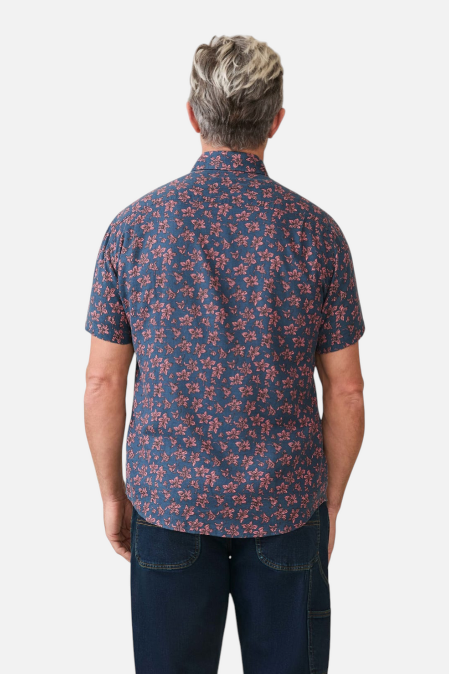 Faherty Short Sleeve Breeze Shirt in Berry Navy Floral – side view