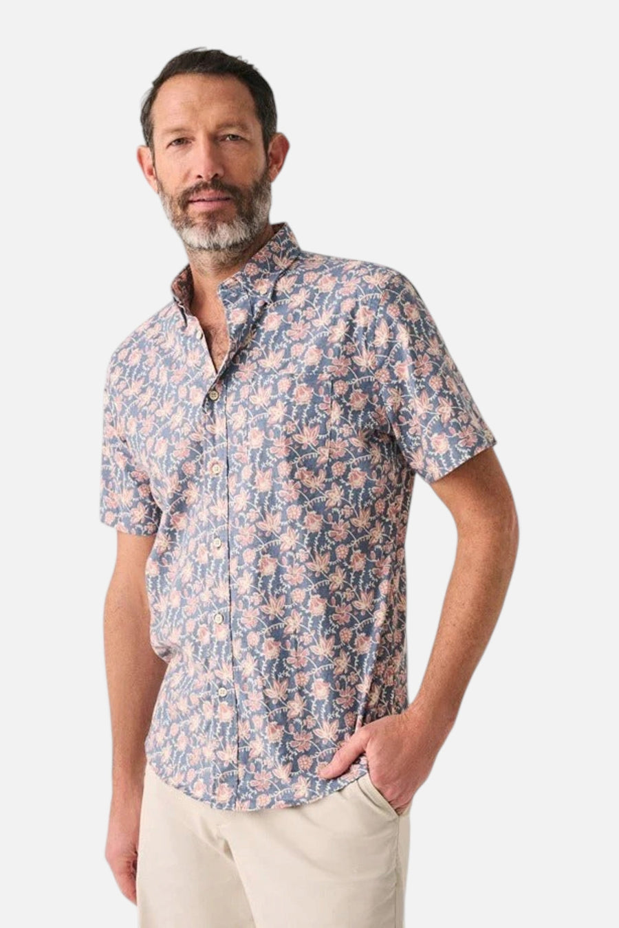 Faherty Short-Sleeve Breeze Shirt in Faded Floral Batik – three-quarter view