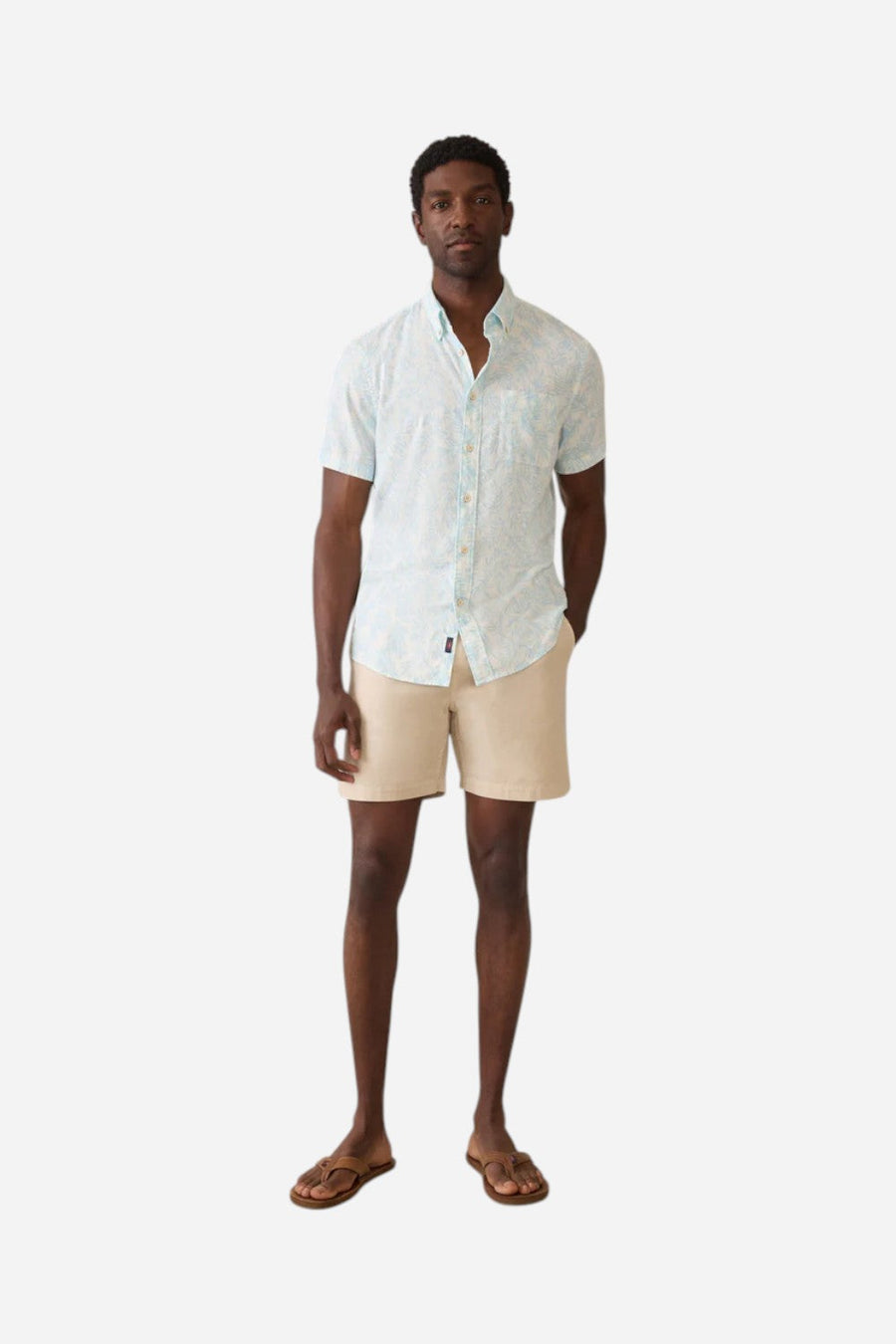 Faherty Short-Sleeve Breeze Shirt in Sky Beach Foliage – flat lay