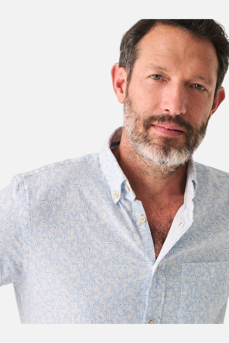 Faherty Short-Sleeve Breeze Shirt in Sky Canopy Print – flat lay