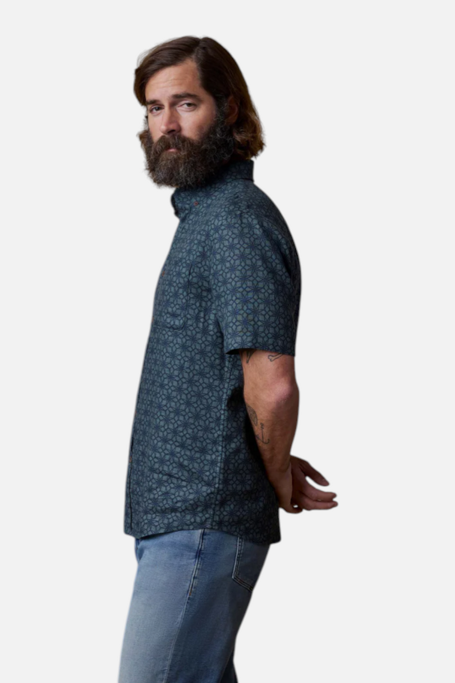 Faherty Short Sleeve Breeze Shirt Spruce Lotus Tile – back view