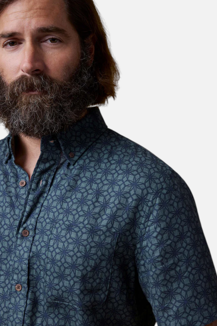 Faherty Short Sleeve Breeze Shirt Spruce Lotus Tile – detail