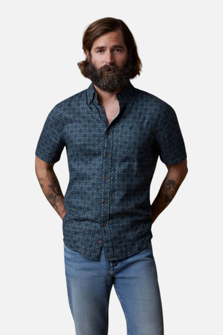 Faherty Short Sleeve Breeze Shirt Spruce Lotus Tile – front view