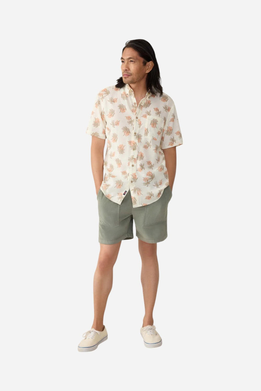Faherty Short-Sleeve Breeze Shirt in Sunlit Palm & Waves – flat lay