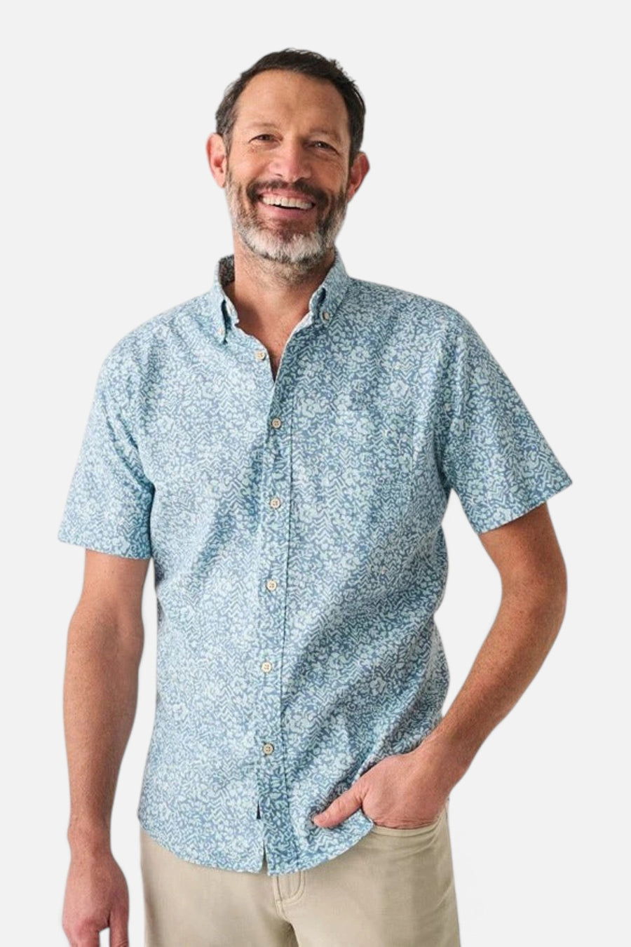 Faherty Short-Sleeve Breeze Shirt in Teal Waters Hilo – side view