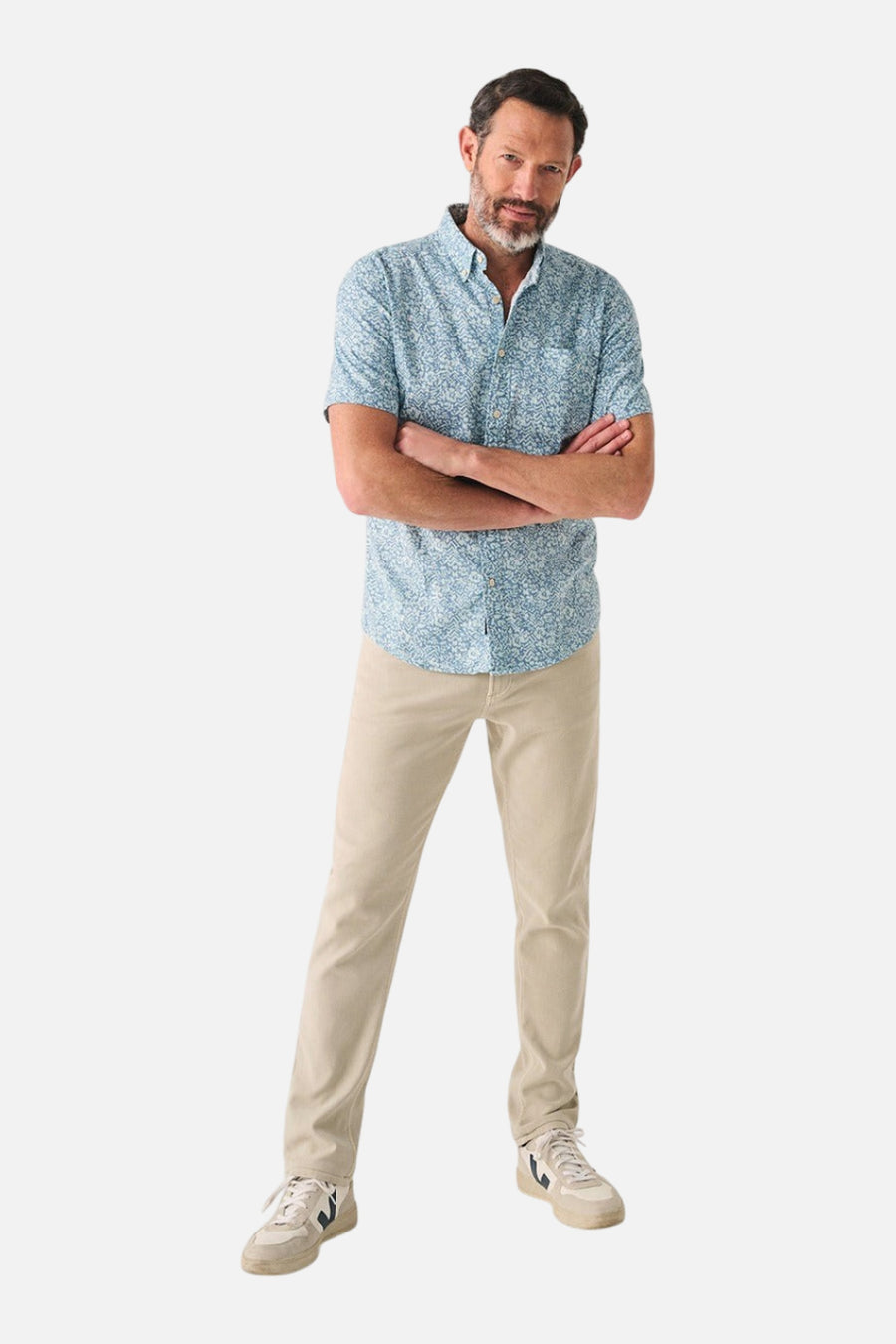 Faherty Short-Sleeve Breeze Shirt in Teal Waters Hilo – side view