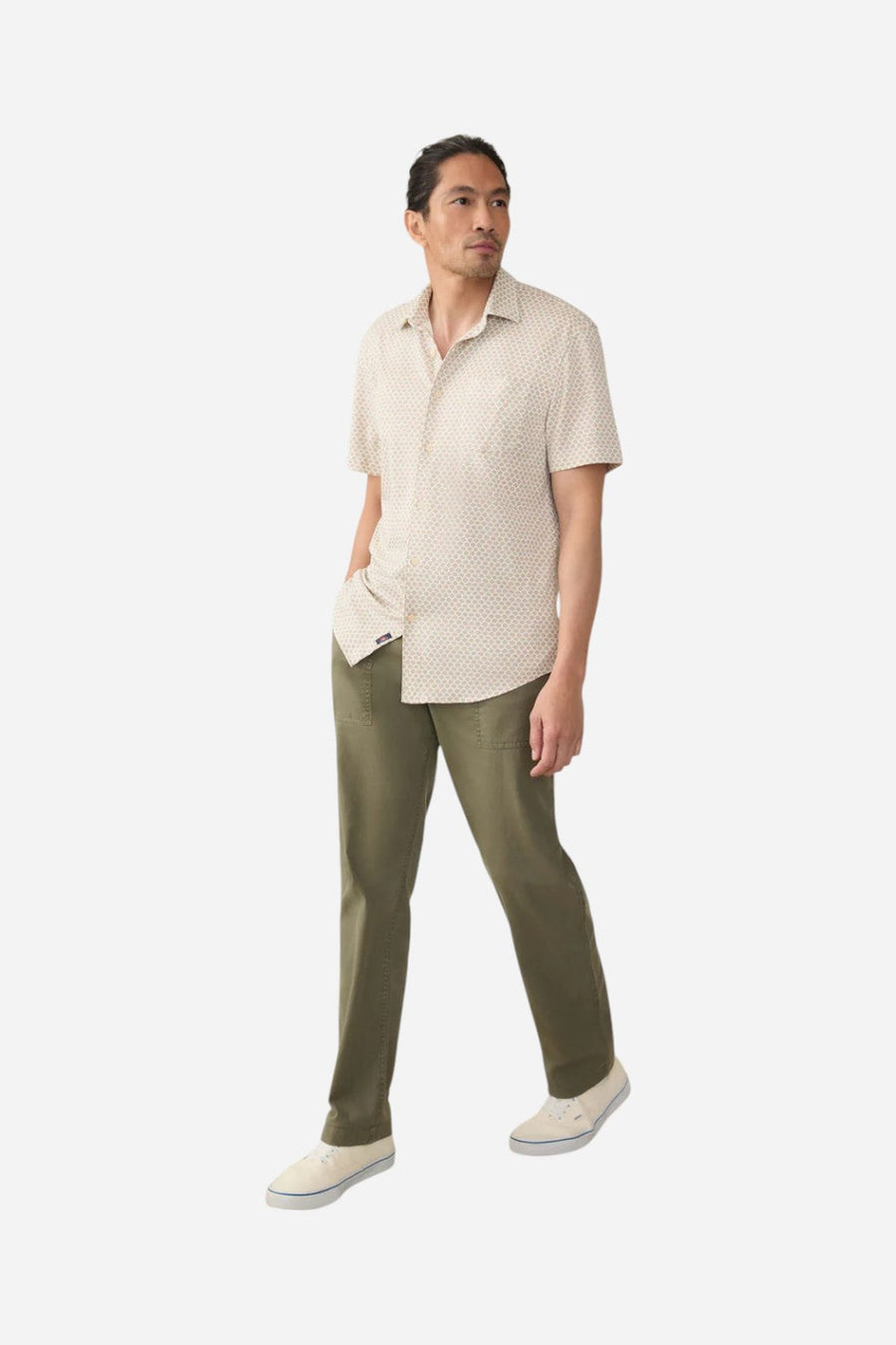 Faherty Short-Sleeve Hermosa Shirt in Island Sand Fishscale – flat lay