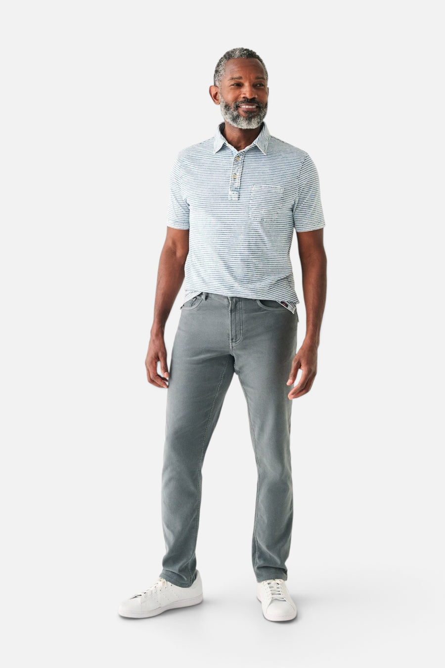 Faherty Short Sleeve Indigo Polo in Salt Wash Indigo Stripe – back view