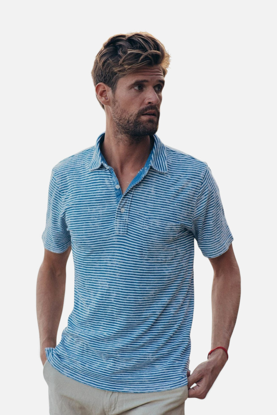 Faherty Short Sleeve Indigo Polo in Salt Wash Indigo Stripe – detail